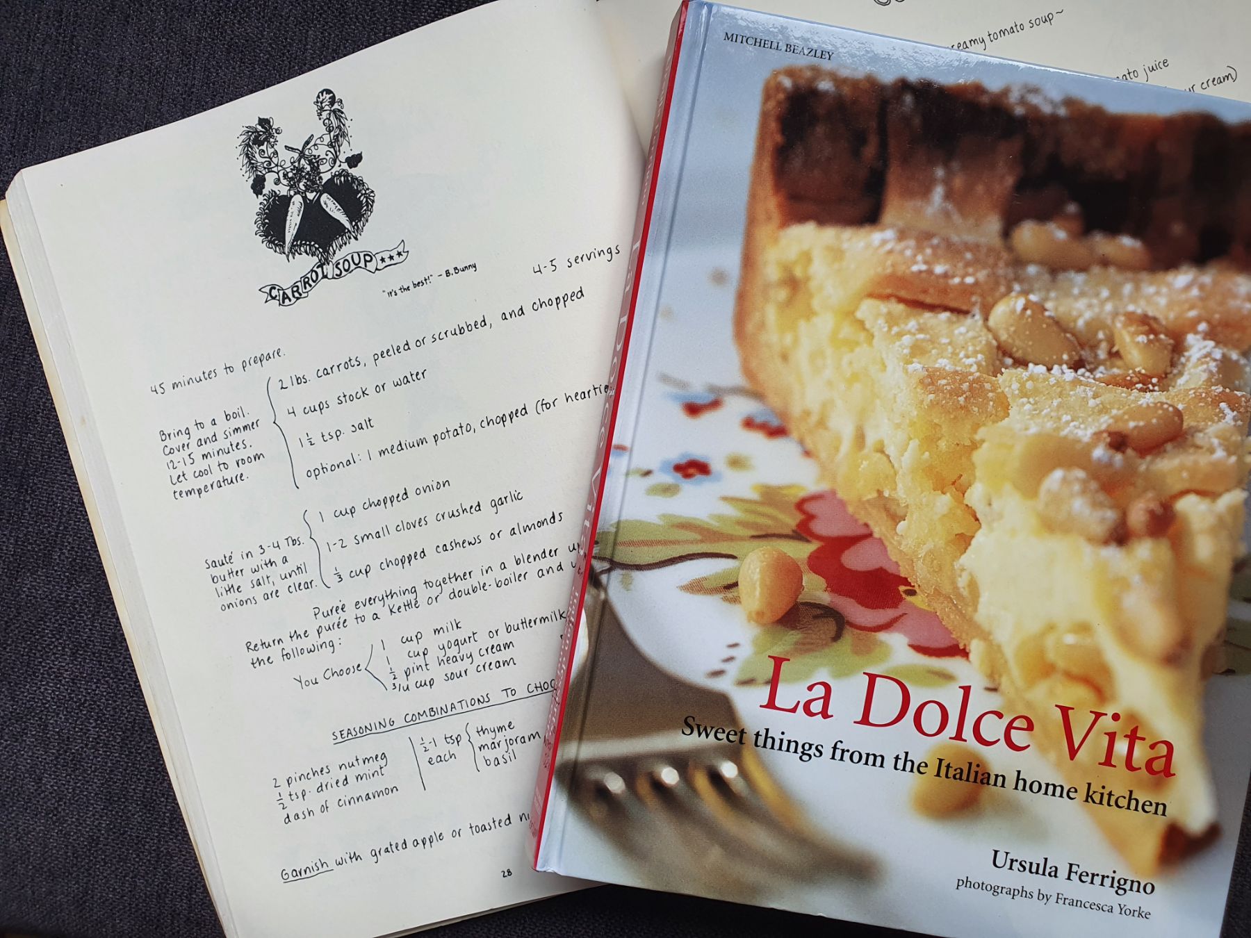 Carrot Soup and Pine Nut Tart